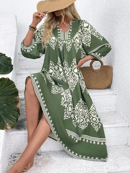 Printed Notched Midi Dress with Pockets - adritiX