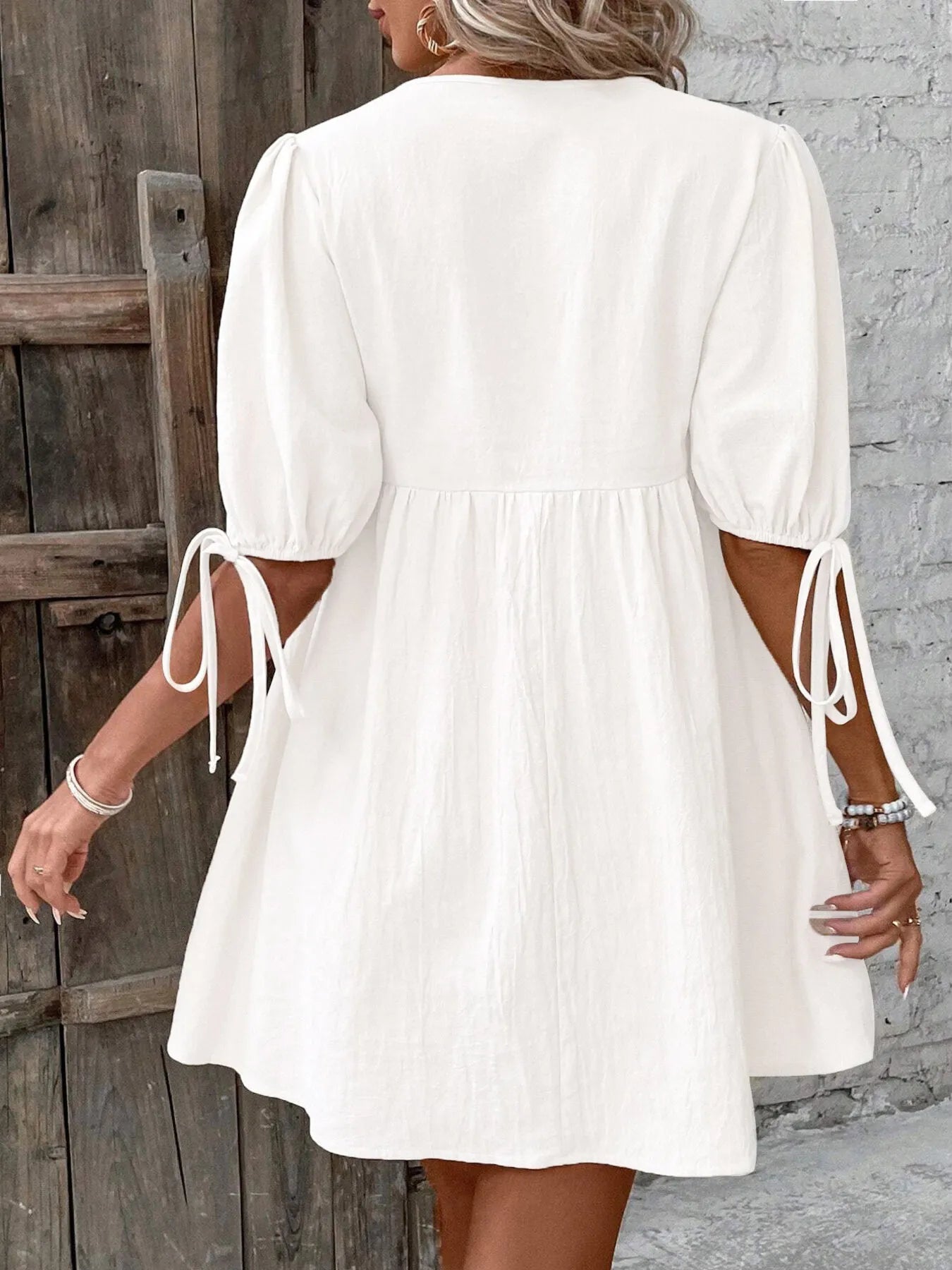 V-Neck Tie-Front Mini Dress with Puff Sleeves - adritiX