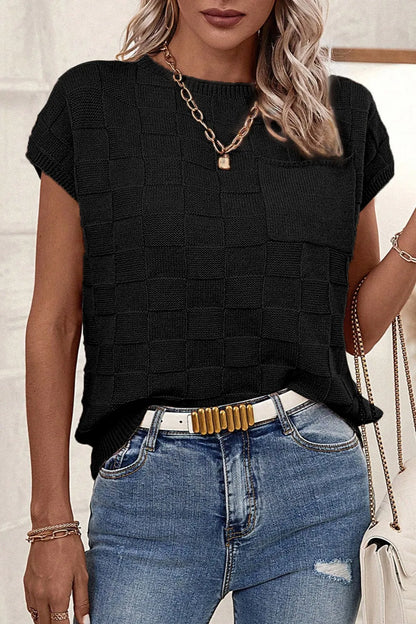Pocketed Checkered Round Neck Knit Top - adritiX