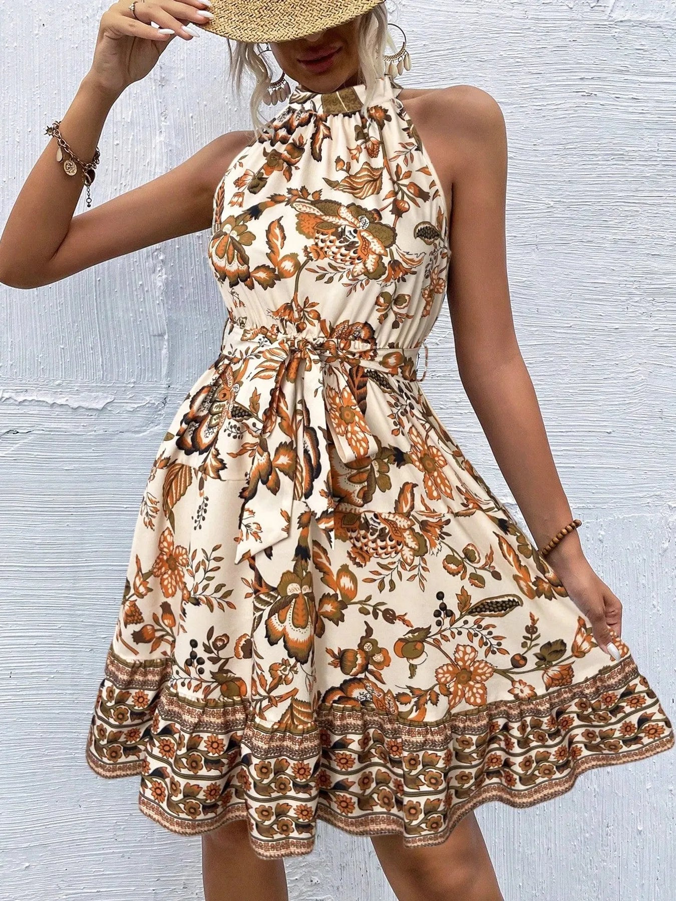 Floral Halter Neck Summer Mini Dress - adritiX