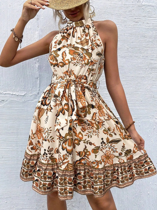 Floral Halter Neck Summer Mini Dress - adritiX