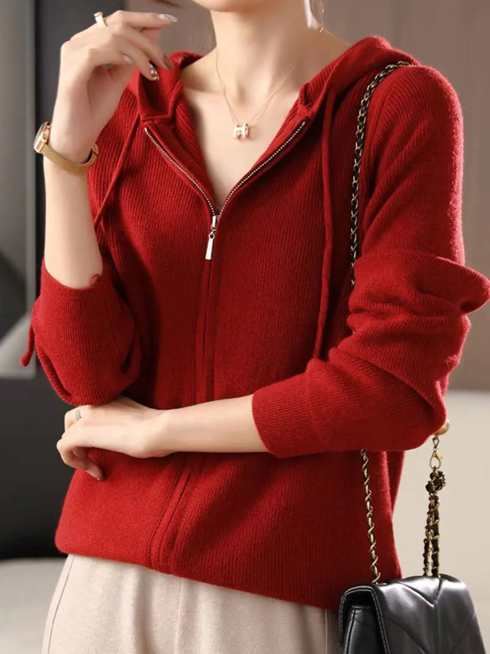 Drawstring Zip Up Long Sleeve Hooded Sweater - adritiX