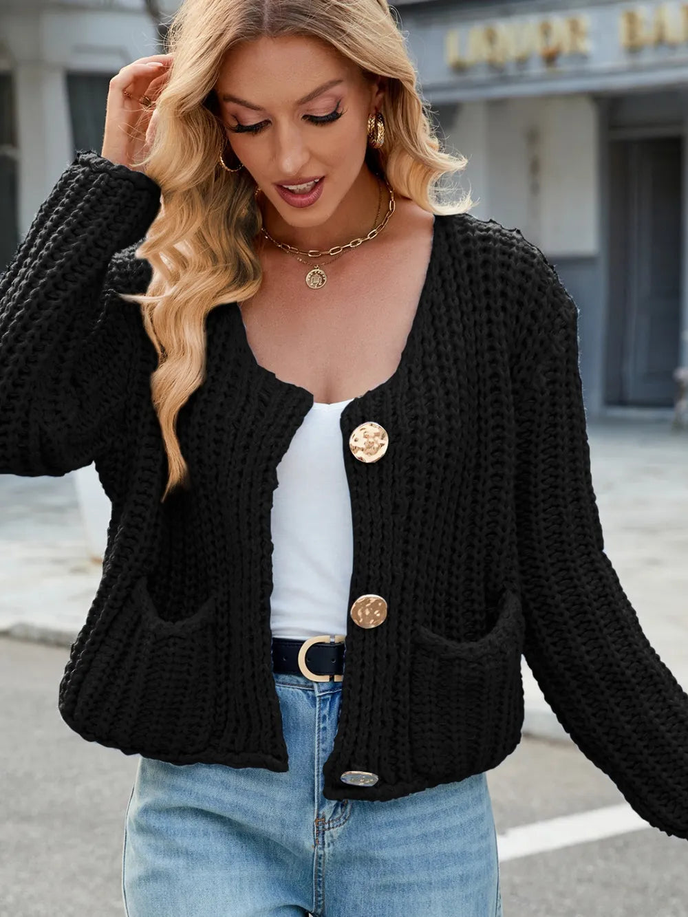 Round Neck Button Up Cardigan with Pockets - adritiX