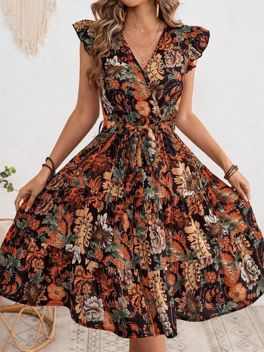 Ruffled Printed Surplice Cap Sleeve Dress - adritiX