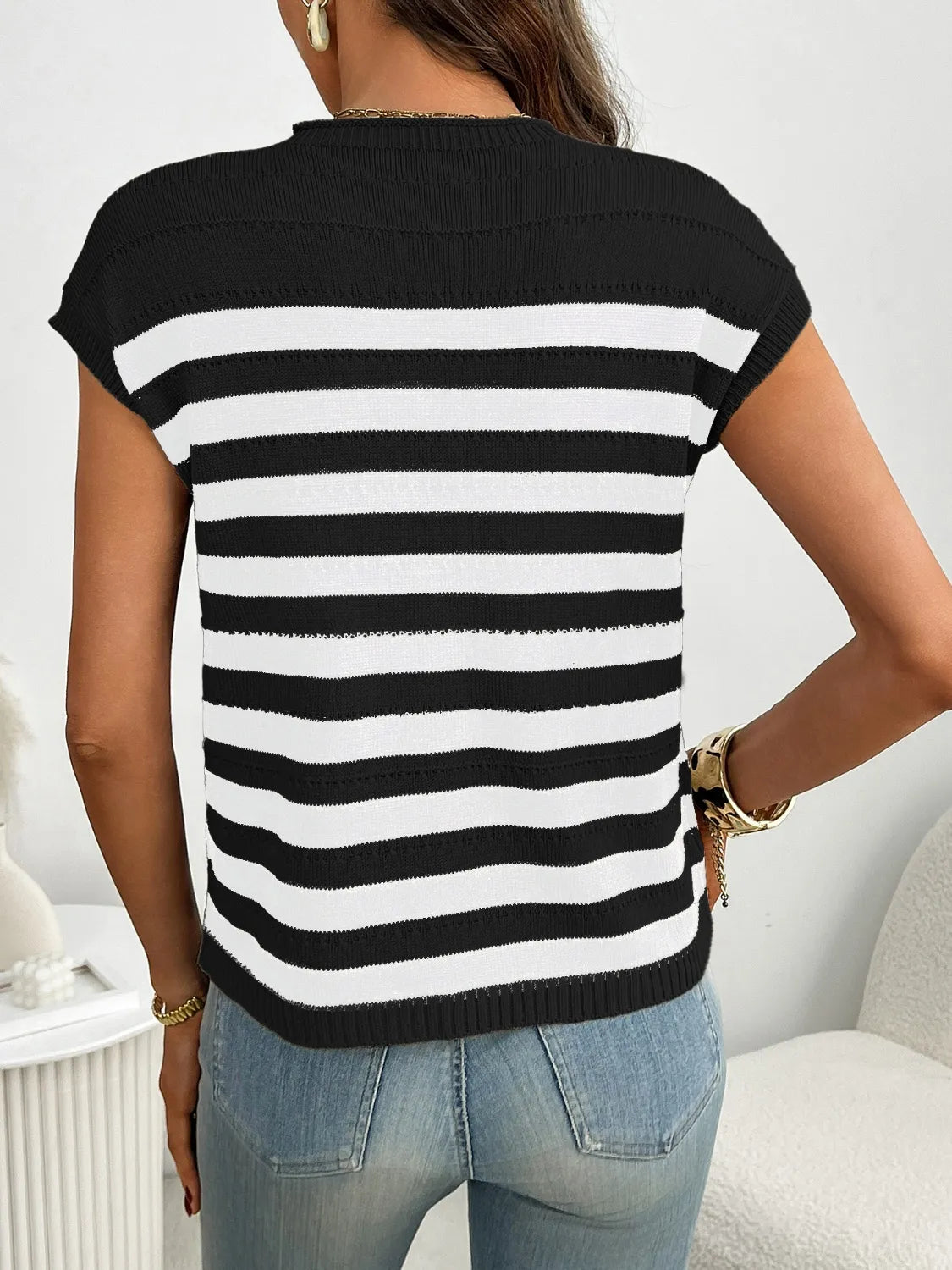 Striped Mock Neck Cap Sleeve Knit Top - adritiX