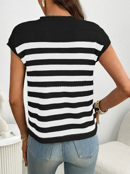 Striped Mock Neck Cap Sleeve Knit Top - adritiX