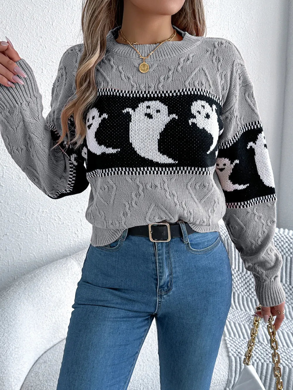 Ghost Round Neck Long Sleeve Sweater - adritiX