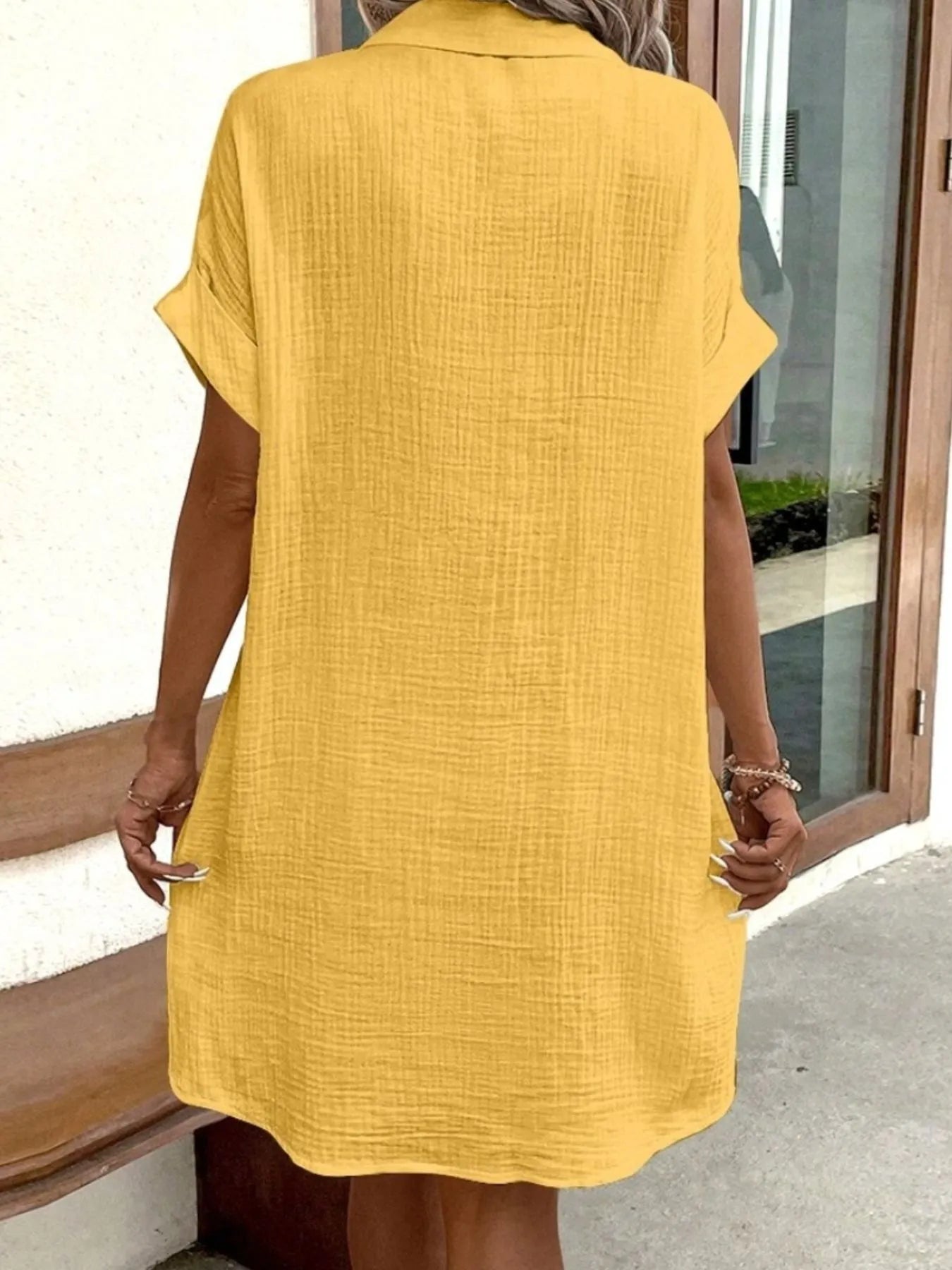 Casual Button Down Cotton Shirt Dress with Pockets - adritiX