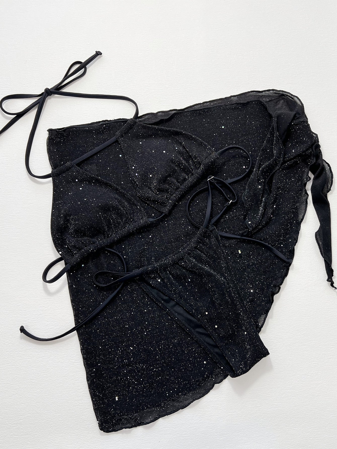 Glitter Halter Neck Backless Three-Piece Swim Set - adritiX