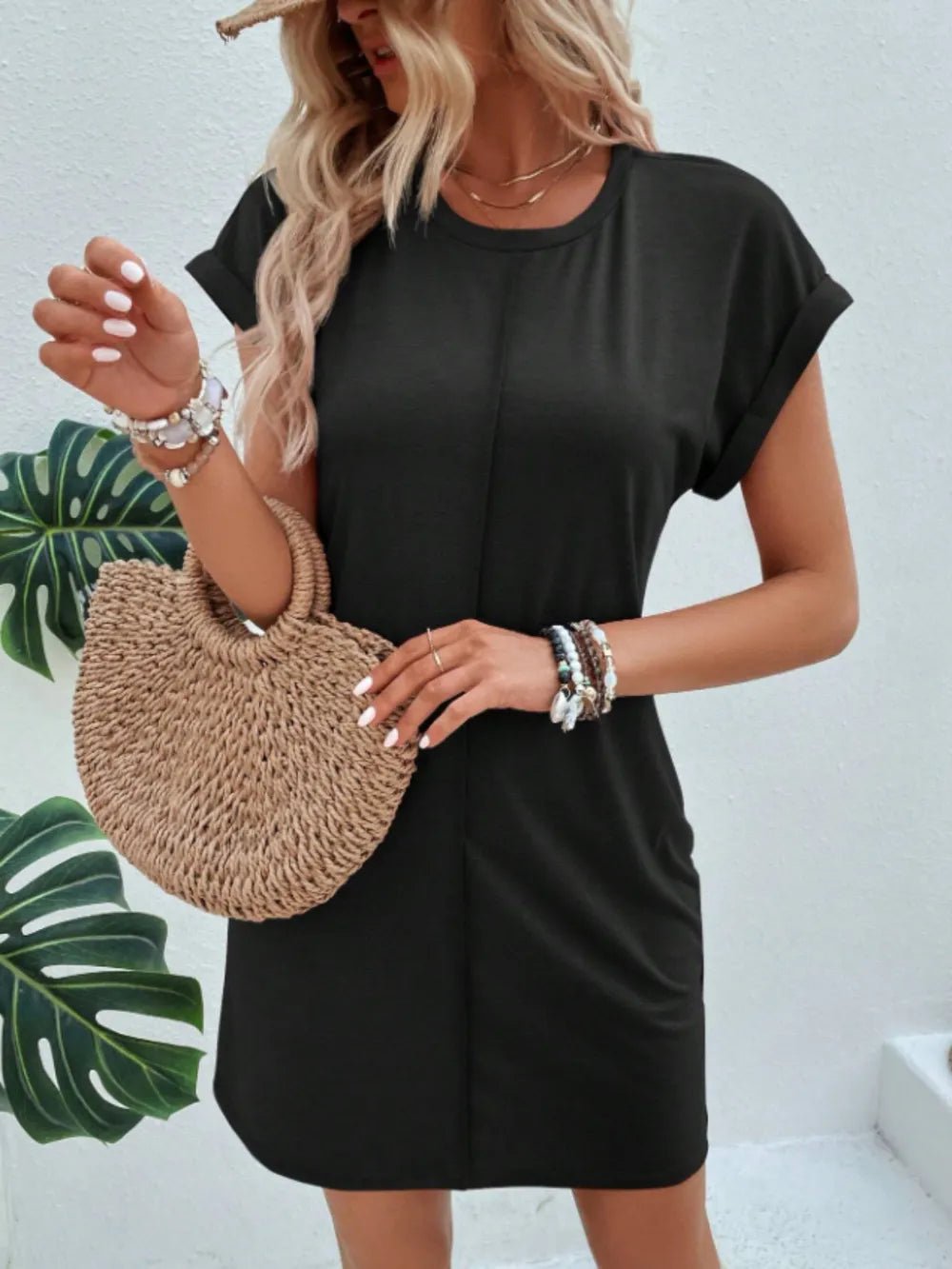 Exposed Seam Short Sleeve Mini Tee Dress - adritiX