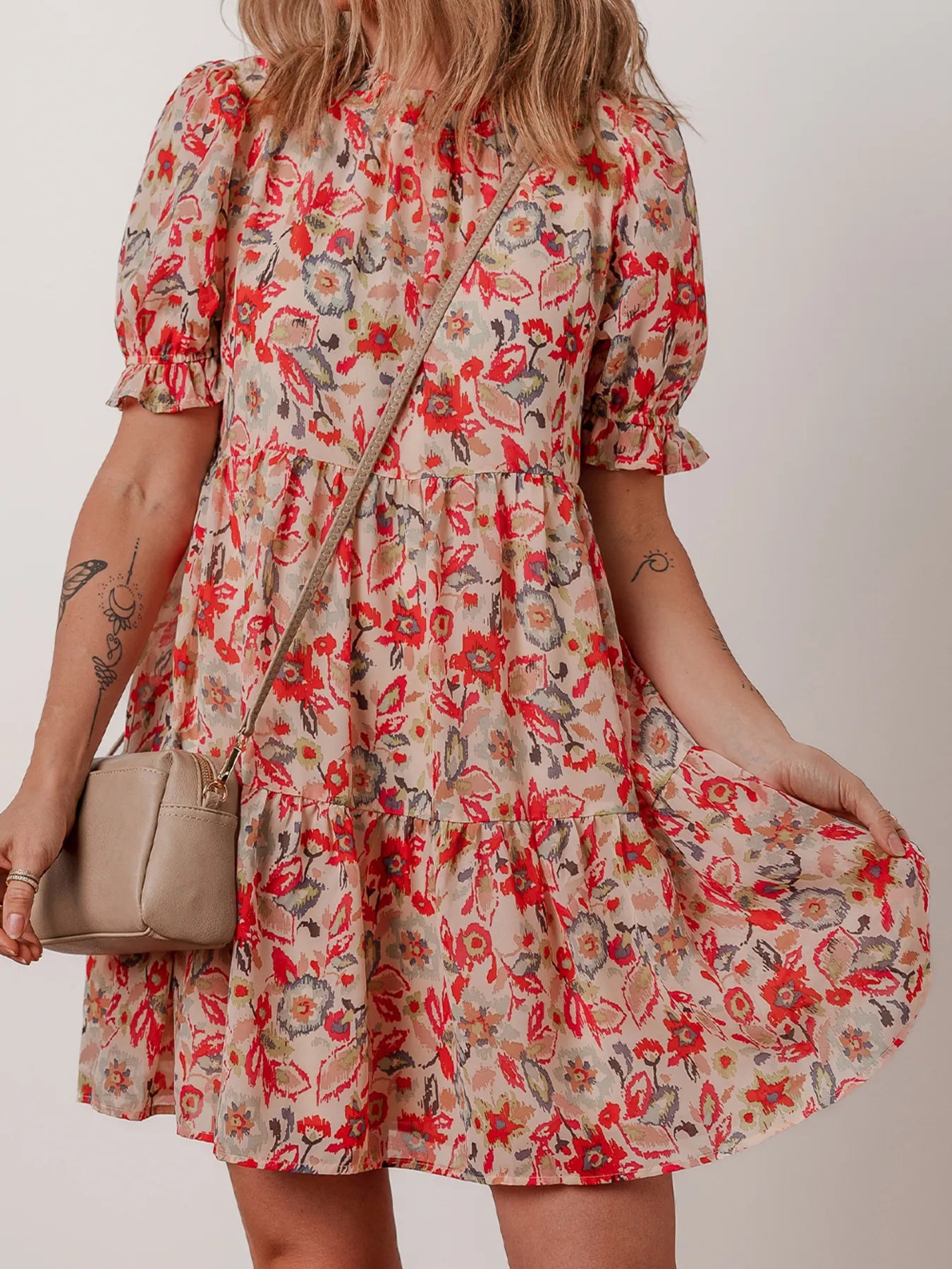 Floral Print Frilled Neck Puff Sleeve High Waist Dress - adritiX