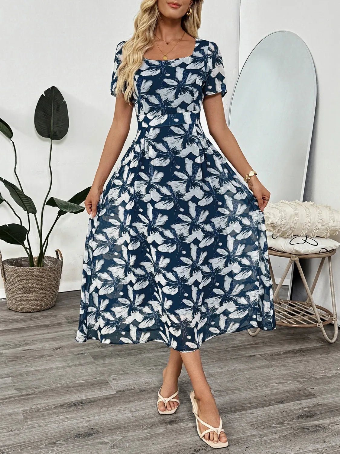 Printed Square Neck Midi Dress - adritiX