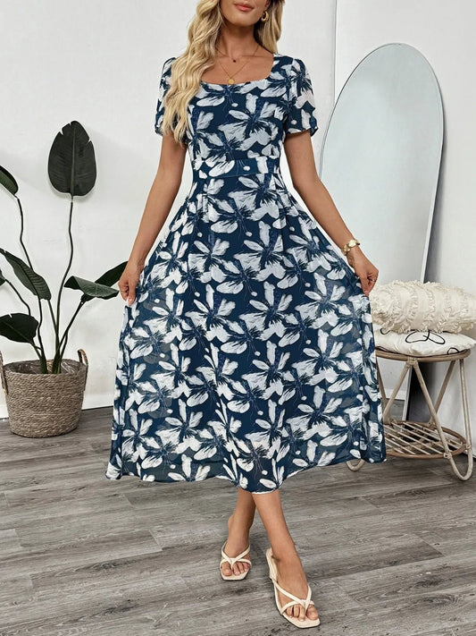 Printed Square Neck Midi Dress - adritiX