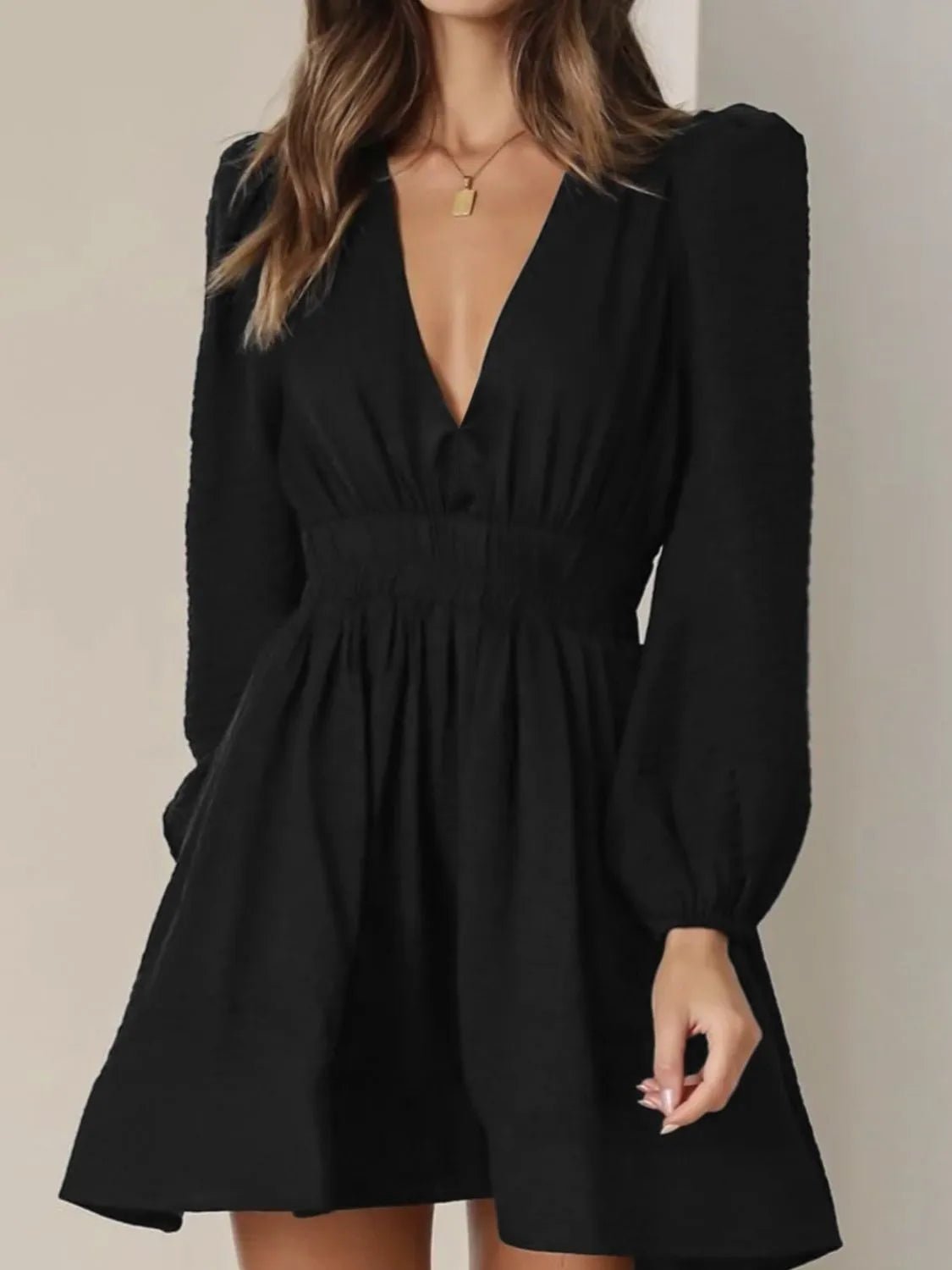 Ruched V-Neck Balloon Sleeve Mini Dress - adritiX