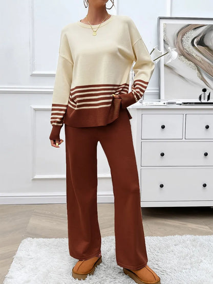 Elegant Devine Slit Striped Round Neck Top and Pants Sweater Set - adritiX