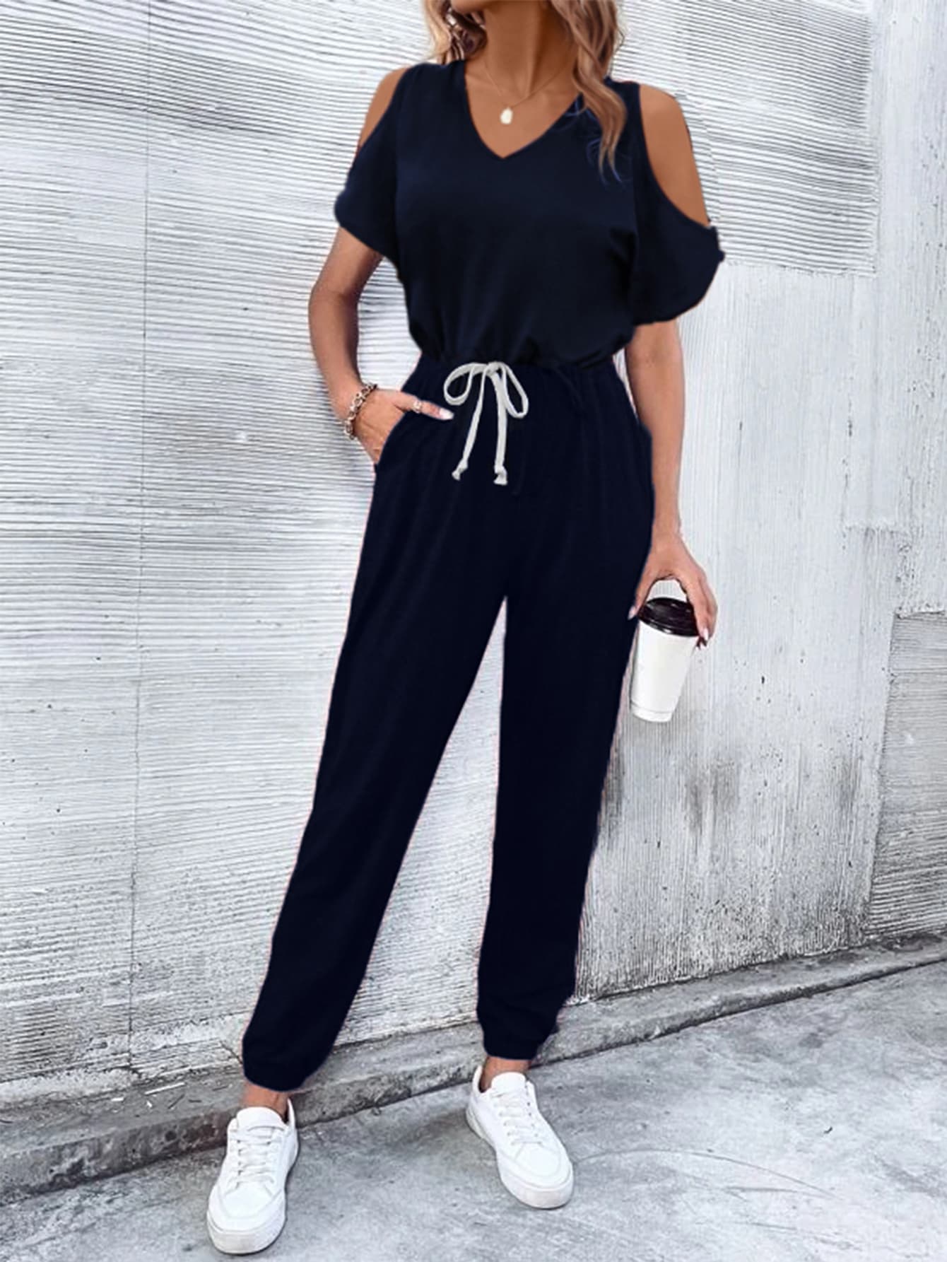 Elegant V-Neck Cold-Shoulder Jumpsuit with Pockets - adritiX