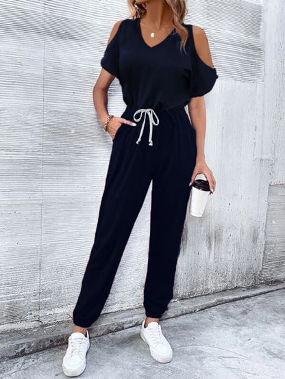 Elegant V-Neck Cold-Shoulder Jumpsuit with Pockets - adritiX