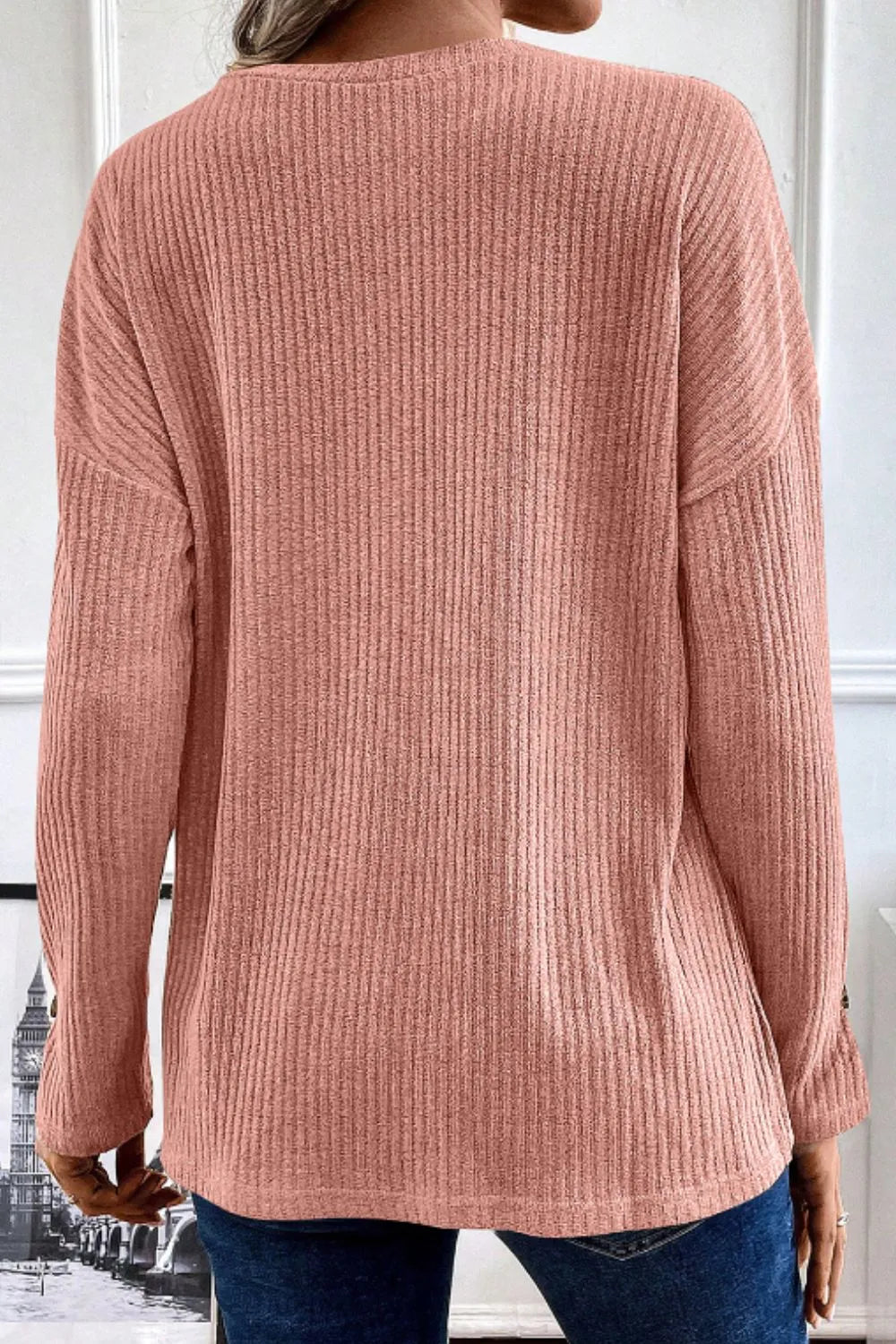Quarter Button Round Neck Dropped Shoulder Knit Top - adritiX