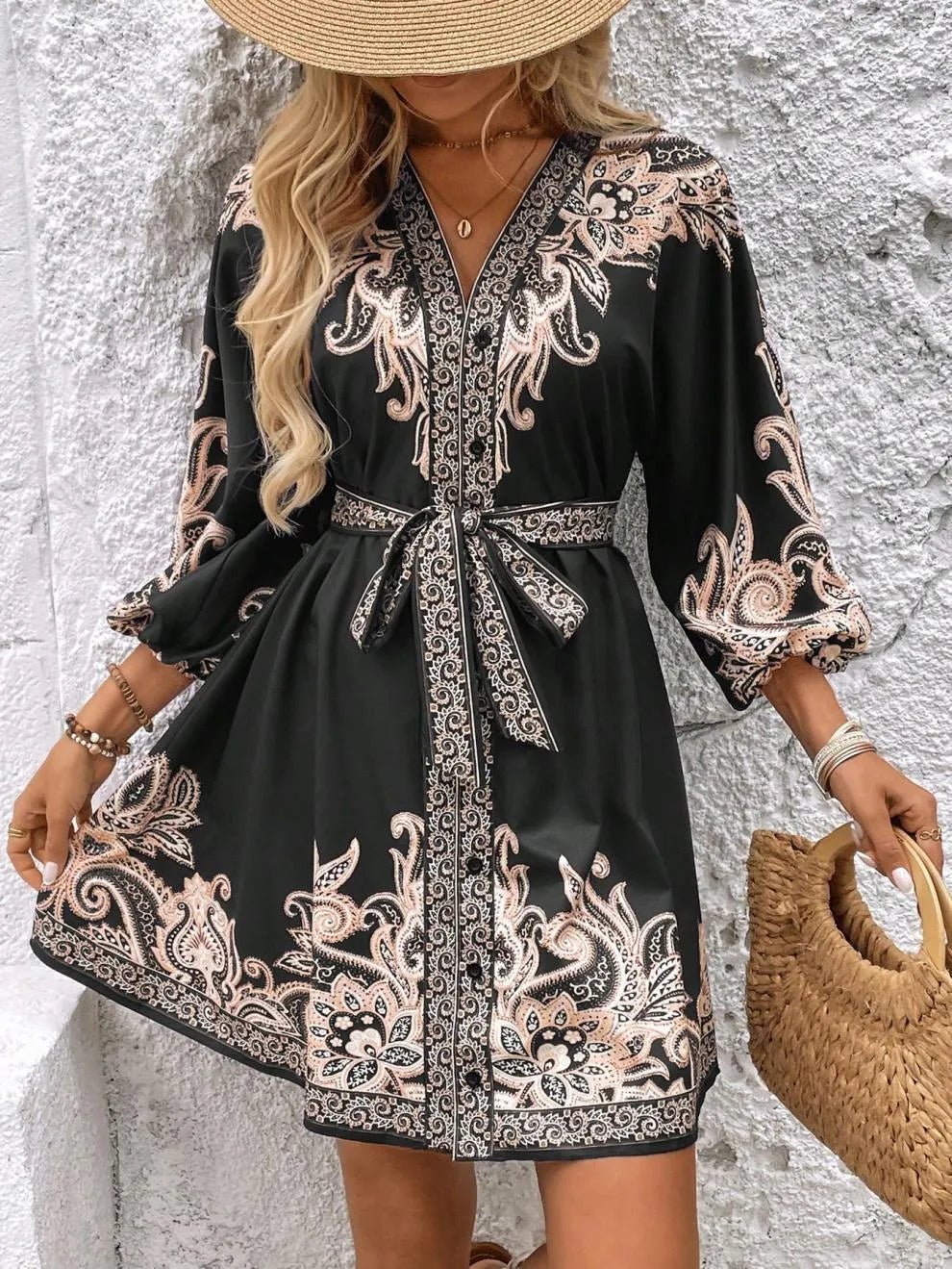 Paisley V-Neck 3/4 Sleeve Mini Dress - adritiX
