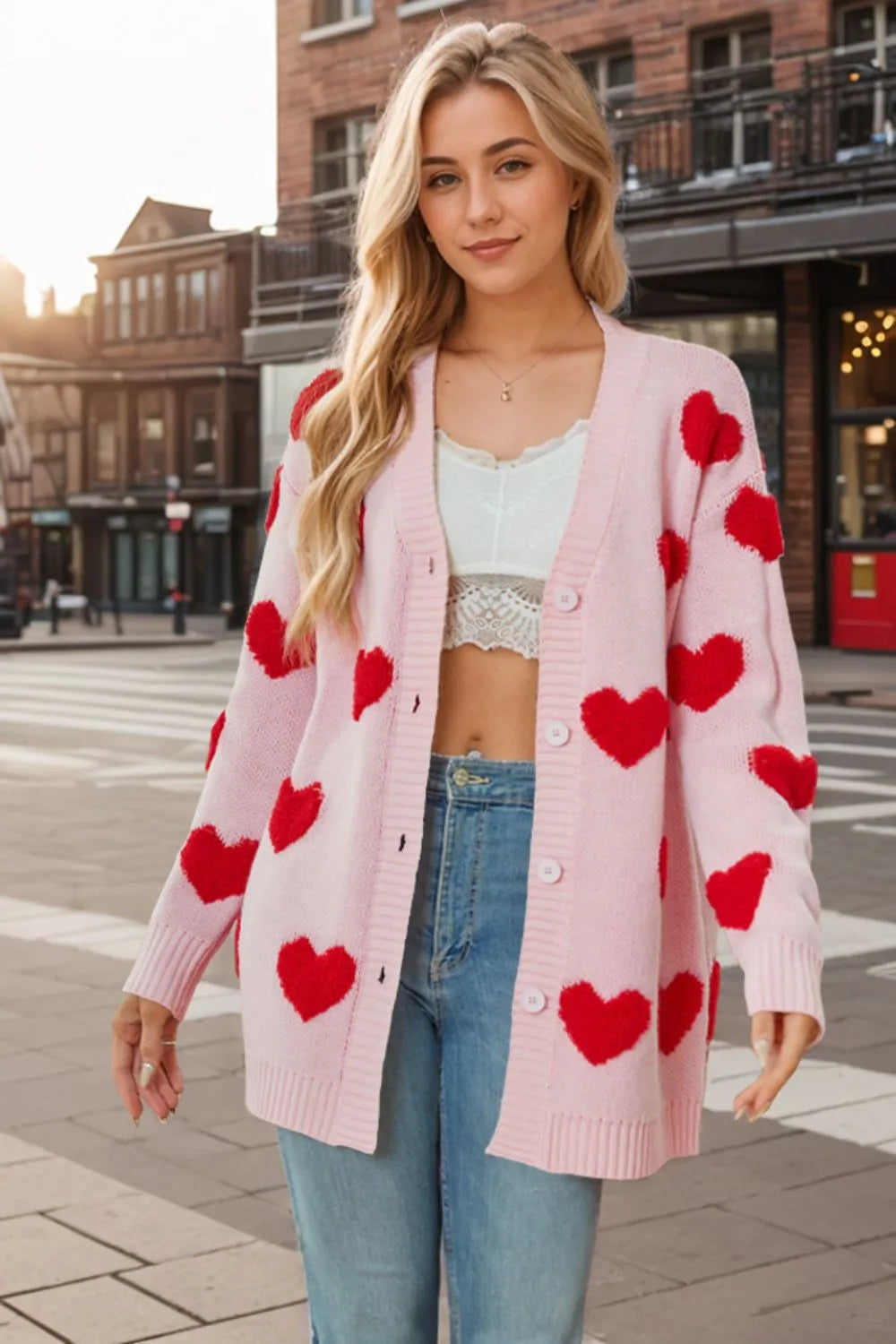 Heart Button Down Long Sleeve Cardigan - adritiX