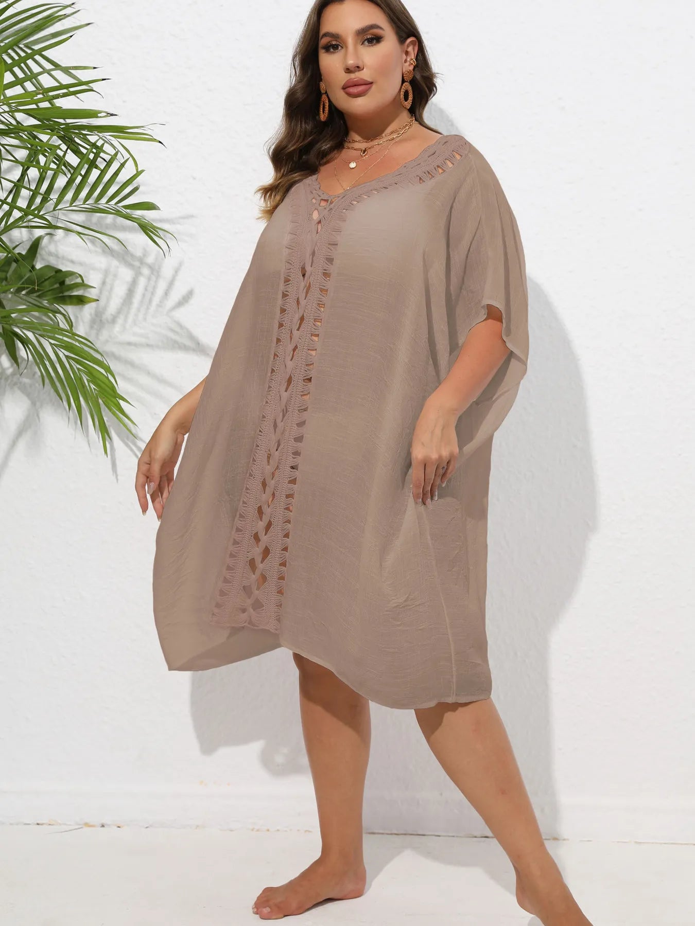 Crochet Trim V-Neck Beach Cover Up Dress - adritiX