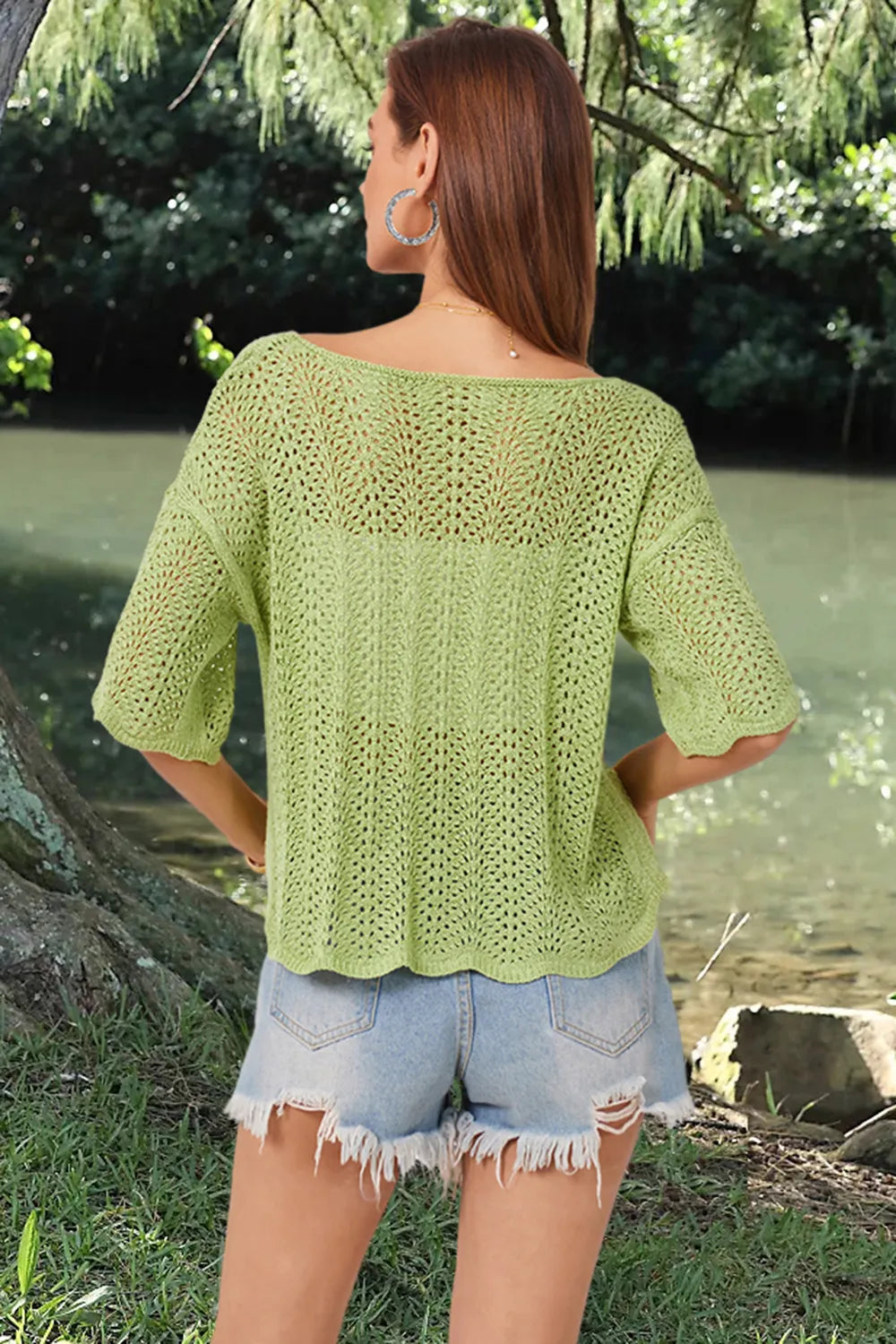 Openwork Round Neck Half Sleeve Knit Top - adritiX