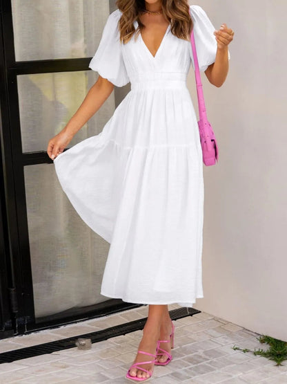 V-Neck Puff Sleeve Midi Dress - adritiX