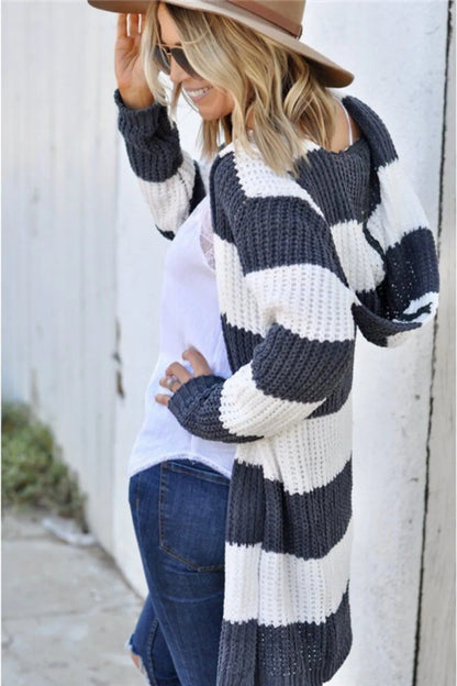 Contrast Stripes Open Front Long Sleeve Cardigan - adritiX