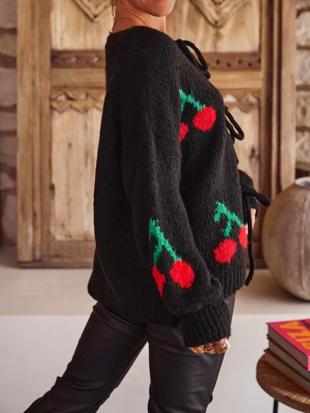 Tied Cherry Round Neck Long Sleeve Cardigan - adritiX