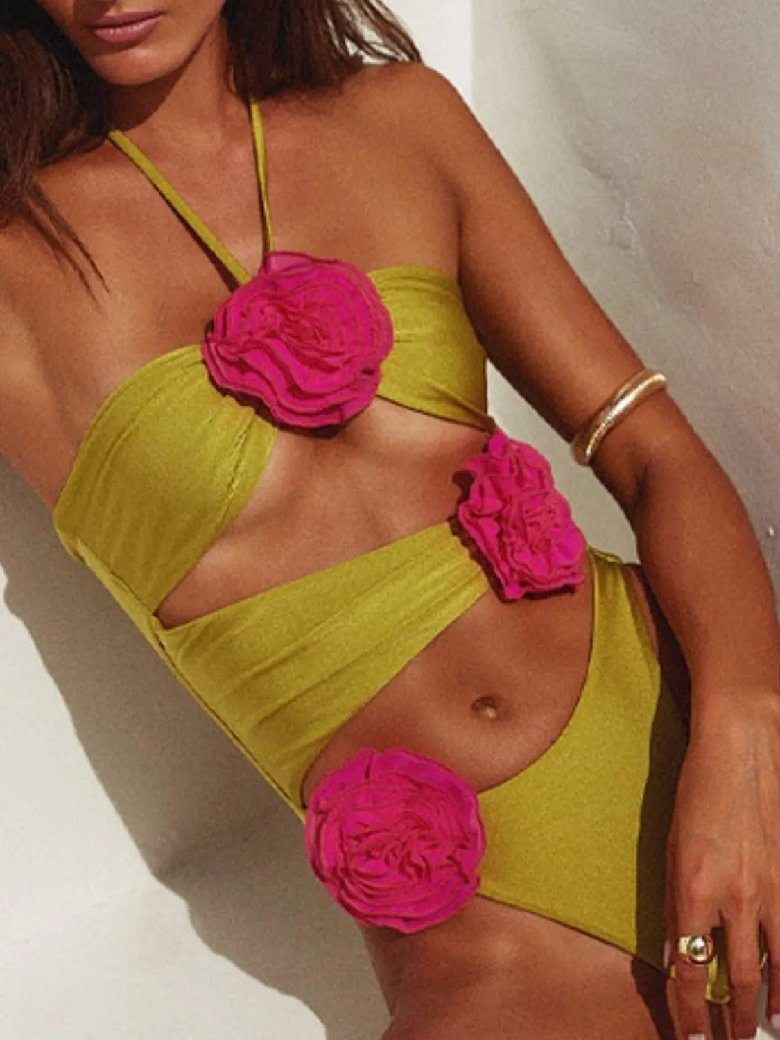 Flower Cutout Halter Neck One-Piece Swimwear - adritiX