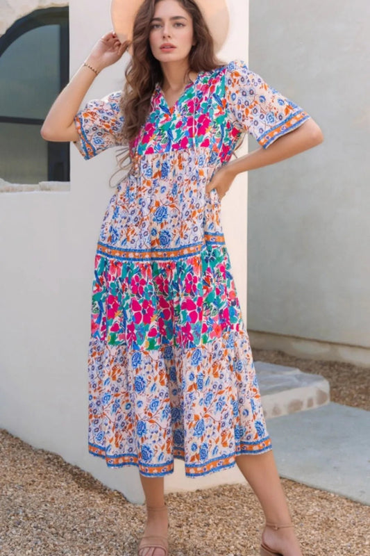 Mixed Floral Print Tie Neck Short Sleeve Dress - adritiX