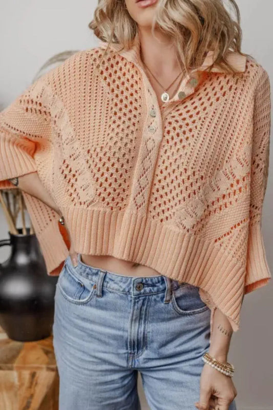 Cutout Collared Neck Three-Quarter Sleeve Sweater - adritiX