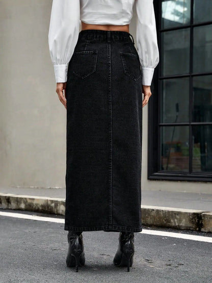 Button Front Denim Skirt - adritiX
