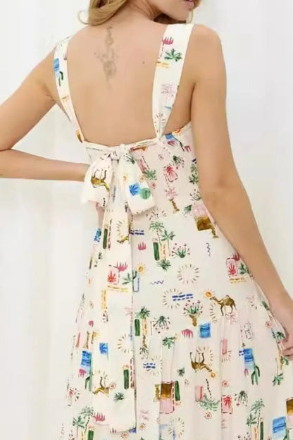 Printed Square Neck Wide Strap Maxi Dress - adritiX