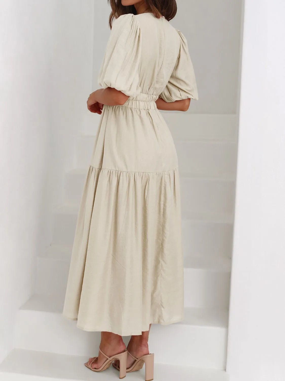 V-Neck Puff Sleeve Midi Dress - adritiX