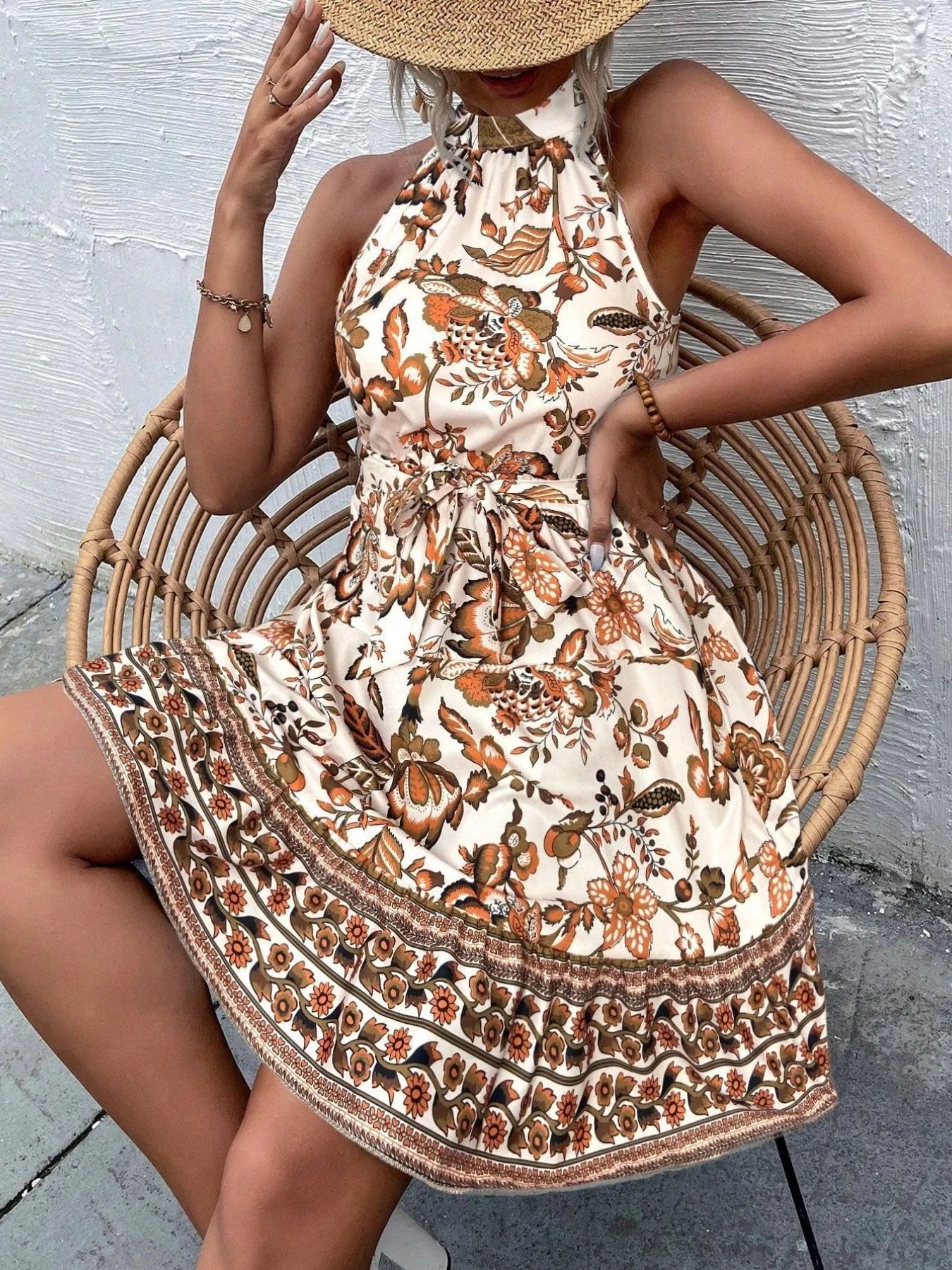 Floral Halter Neck Summer Dress with Belt - adritiX