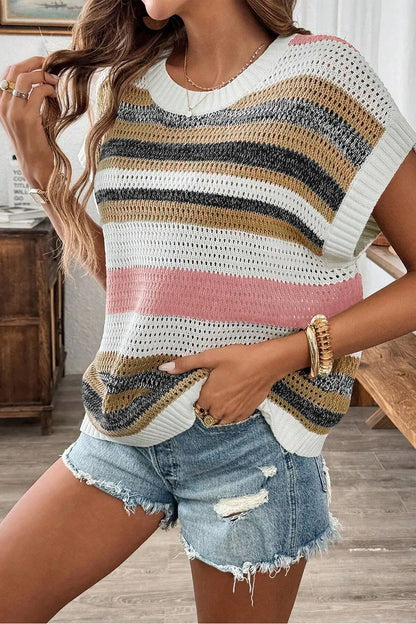 Stripe Color Block Eyelet Knit Short Sleeve Knit Top - adritiX