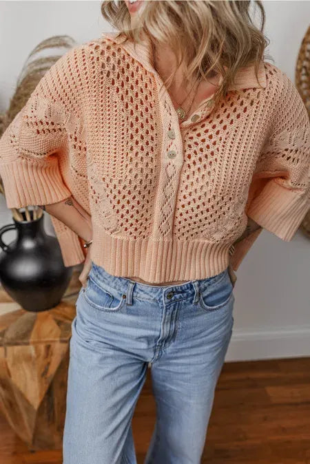 Cutout Collared Neck Three-Quarter Sleeve Sweater - adritiX