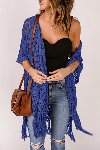 Openwork Open Front Cardigan with Fringes - adritiX