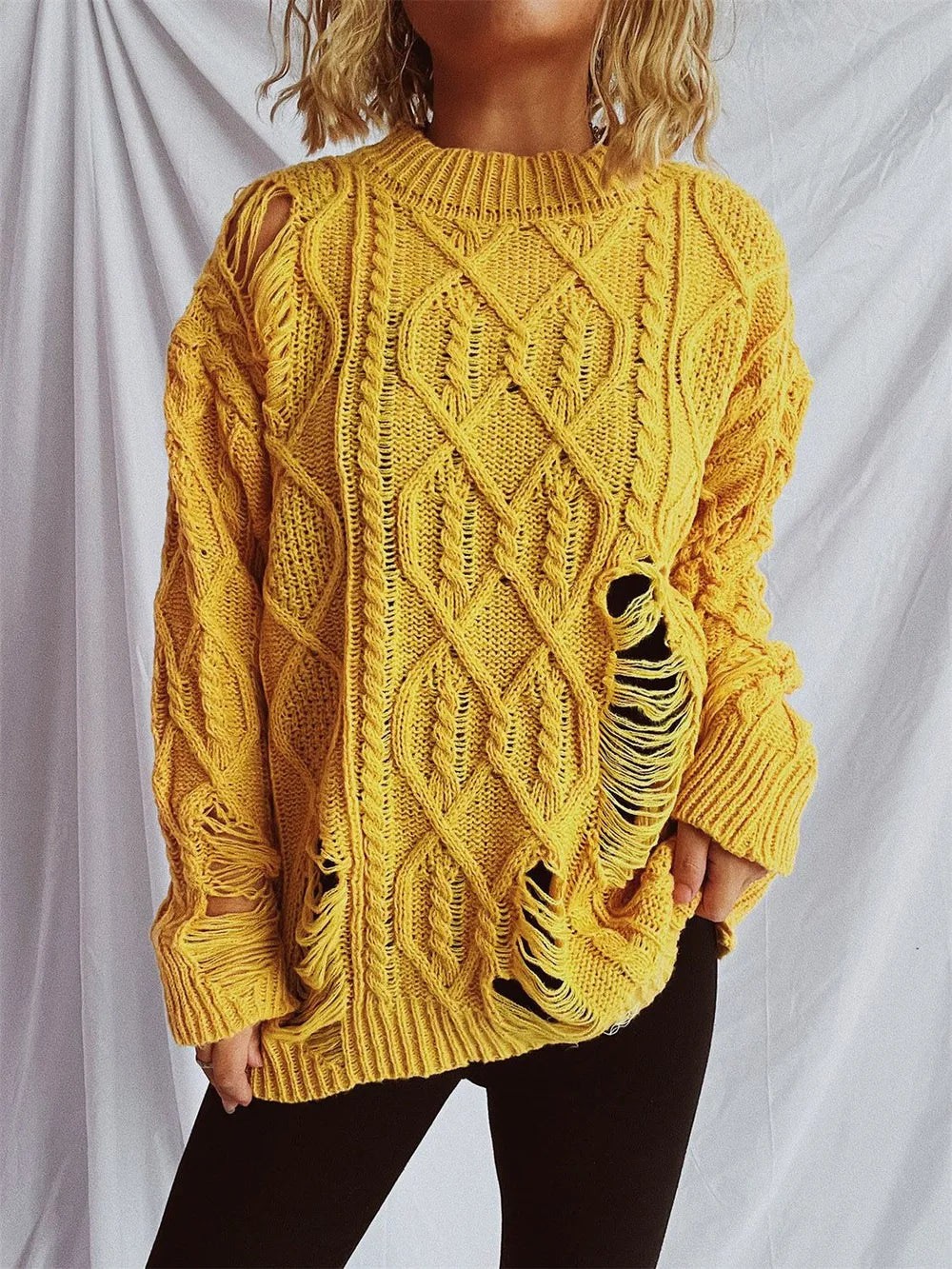 Distressed Cable-Knit Round Neck Long Sleeve Sweater - adritiX