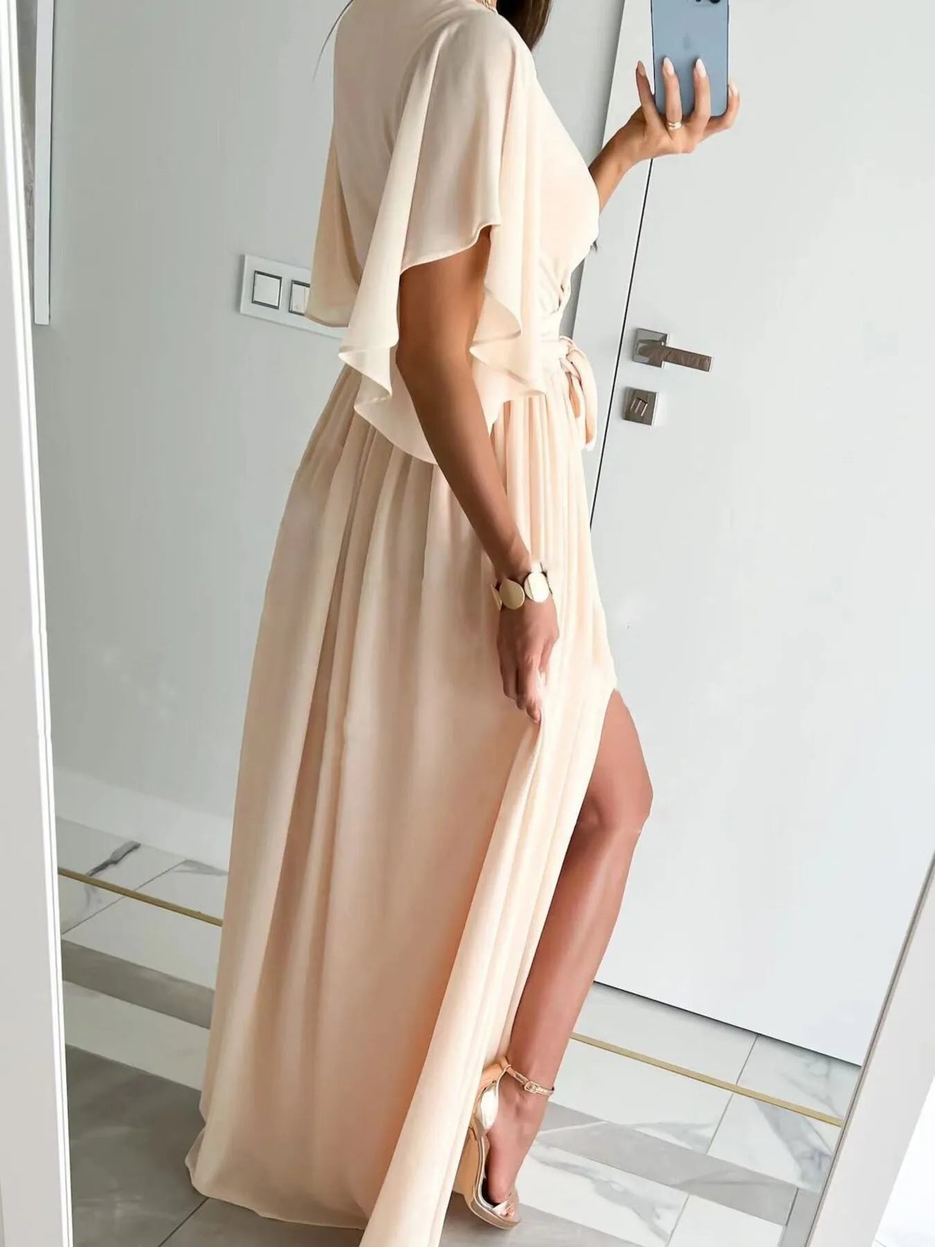 Flutter Sleeve Surplice Tie Waist Dress - adritiX
