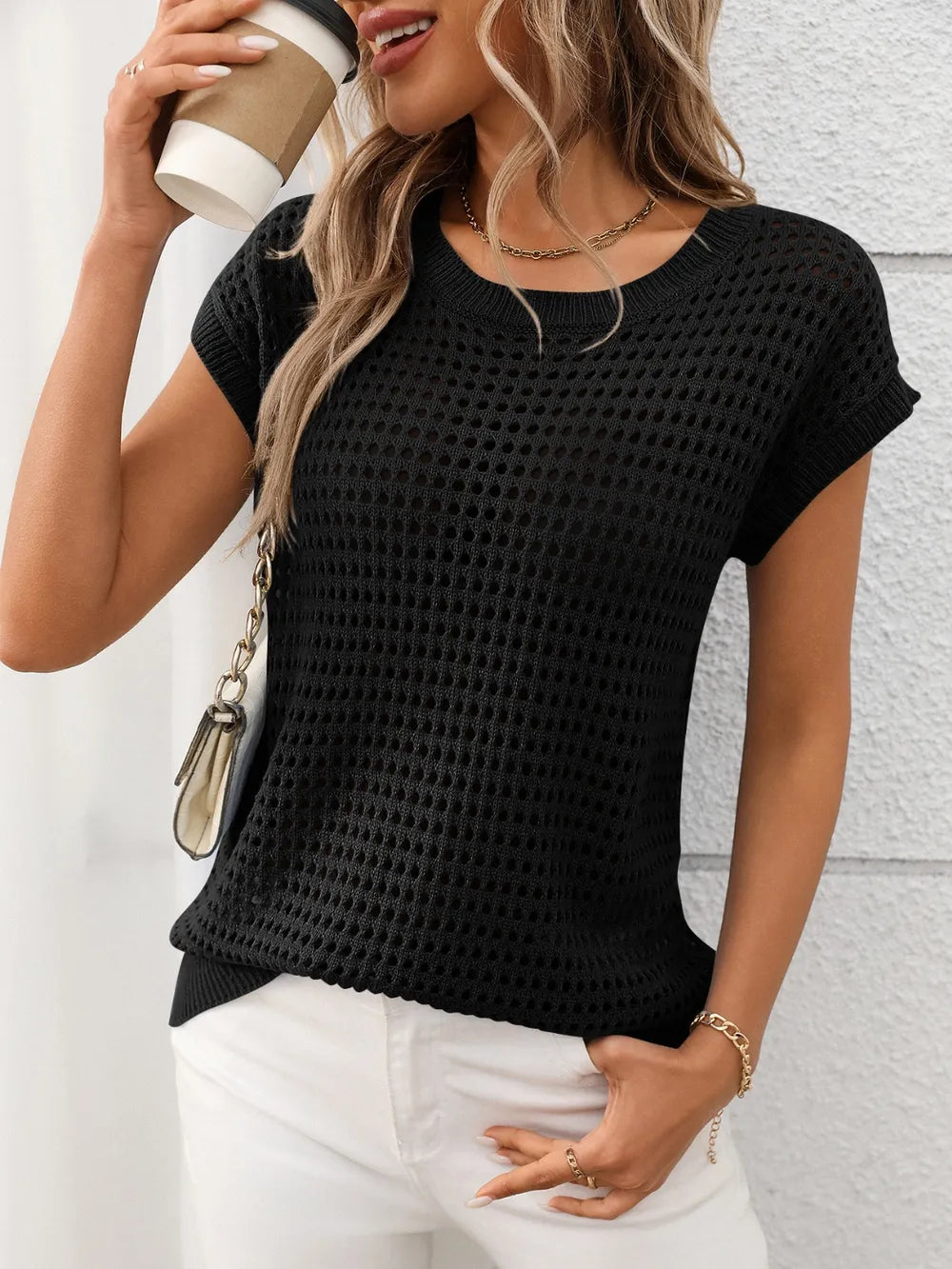 Openwork Round Neck Short Sleeve Knit Cover Up - adritiX