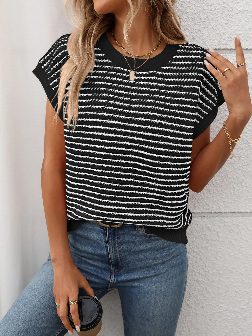 Striped Round Neck Short Sleeve Knit Top - adritiX