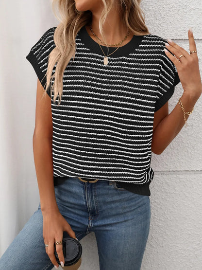 Striped Round Neck Short Sleeve Knit Top - adritiX