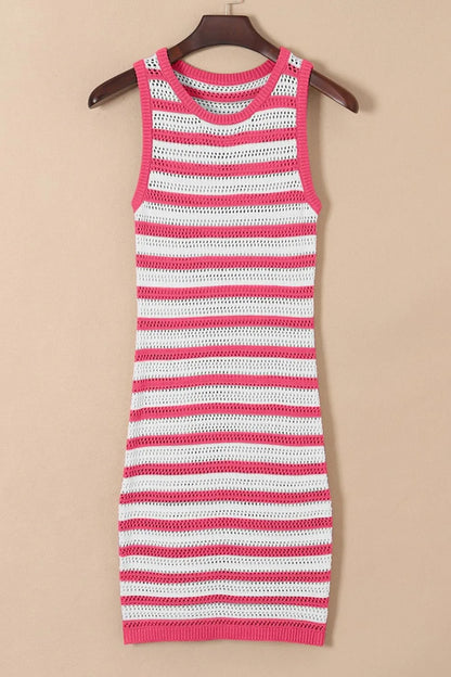 Elegant Stripe Hollowed Knit Sleeveless Sweater Dress - adritiX