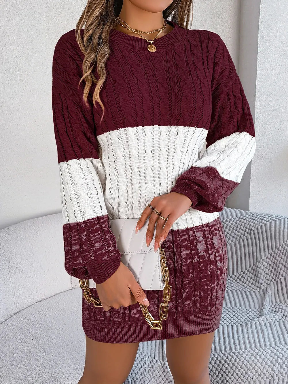 Cable-Knit Round Neck Color Block Sweater Dress - adritiX