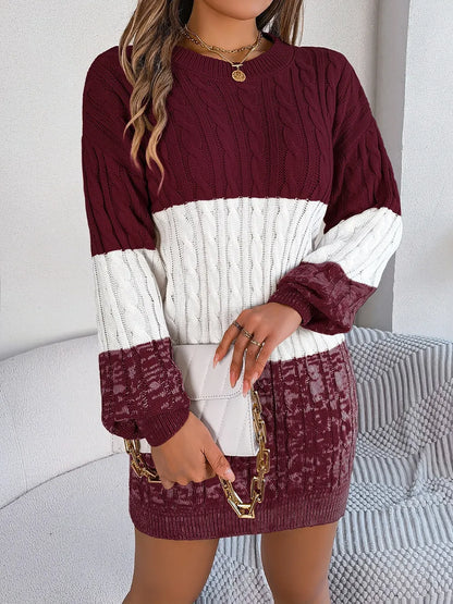 Cable-Knit Round Neck Color Block Sweater Dress - adritiX