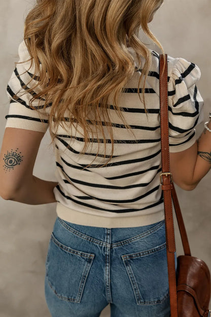 Striped Round Neck Puff Sleeve Knit Top - adritiX