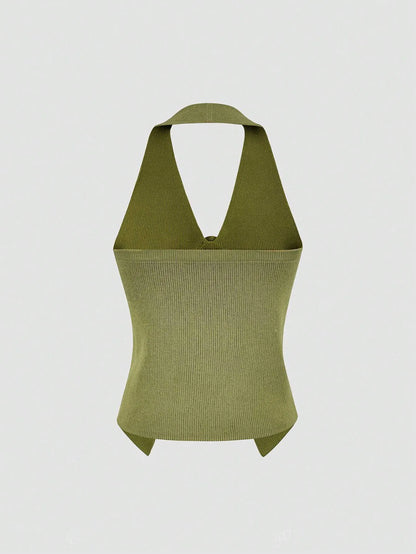 V-Neck Ribbed Knit Sweater Vest with Flower Detail - adritiX