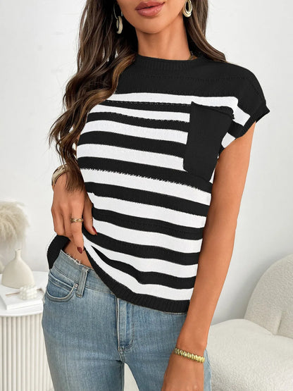 Striped Mock Neck Cap Sleeve Knit Top - adritiX